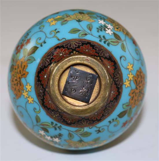 Namikawa Yasuyuki. A small Japanese cloisonne enamel bottle vase, Meiji period, 9.3cm, damage to one side